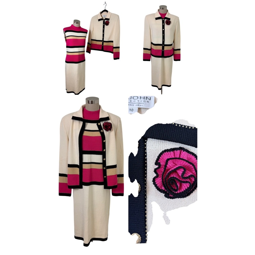 Vintage St.John Collection Santana Knit Dress Jacket Pin Set Pink Cream 10 USA - Picture 3 of 16